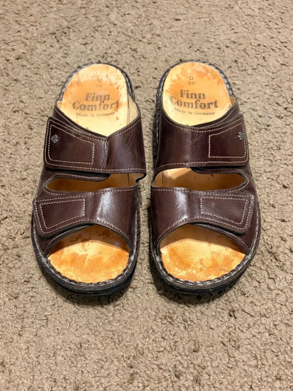 Women's Finn Comfort Made in Germany Brown Leather 2-Strap Slide Sandals EU 38